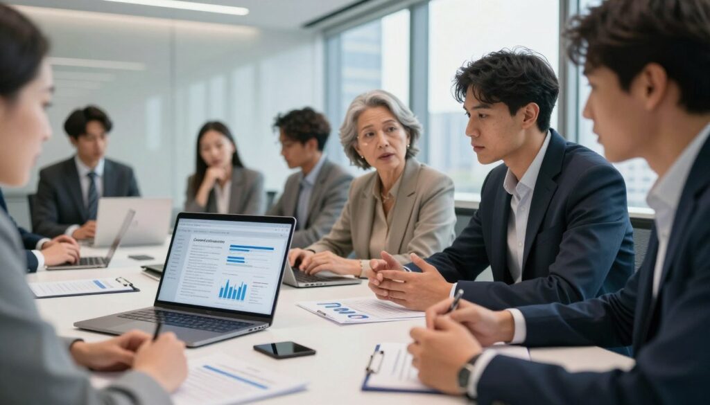 A close-up view of a diverse group of professionals, featuring a middle-aged woman and a young man, deep in discussion around a modern conference table. The foreground showcases their engaged expressions, highlighting their expertise with digital devices and industry reports spread out. In the middle ground, an open laptop displays analytics graphs and a tablet with notes on enhancing content through first-hand expertise. The background features a well-lit, sleek office environment with large windows showing a city skyline, reinforcing an atmosphere of innovation and professionalism. The lighting is bright and inviting, casting soft shadows for depth. The overall mood is collaborative and focused, embodying the spirit of knowledge sharing and expertise development. A close-up view of a diverse group of professionals, featuring a middle-aged woman and a young man, deep in discussion around a modern conference table. The foreground showcases their engaged expressions, highlighting their expertise with digital devices and industry reports spread out. In the middle ground, an open laptop displays analytics graphs and a tablet with notes on enhancing content through first-hand expertise. The background features a well-lit, sleek office environment with large windows showing a city skyline, reinforcing an atmosphere of innovation and professionalism. The lighting is bright and inviting, casting soft shadows for depth. The overall mood is collaborative and focused, embodying the spirit of knowledge sharing and expertise development.