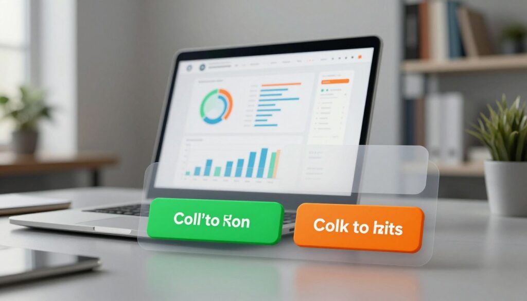 A close-up view of a modern, interactive digital workspace showcasing vibrant call-to-action buttons on a sleek website interface. In the foreground, eye-catching buttons in bright colors like green and orange stand out against a soft gray background, symbolizing optimization for higher click-through rates. The middle section features a laptop with an open screen displaying analytical graphs and user engagement statistics, illuminated by soft, professional lighting that enhances the image's clarity. In the background, blurred office elements like shelves filled with books and a potted plant hint at a productive workplace atmosphere. The mood is focused and dynamic, capturing the essence of optimizing digital interactions with stylish visuals.