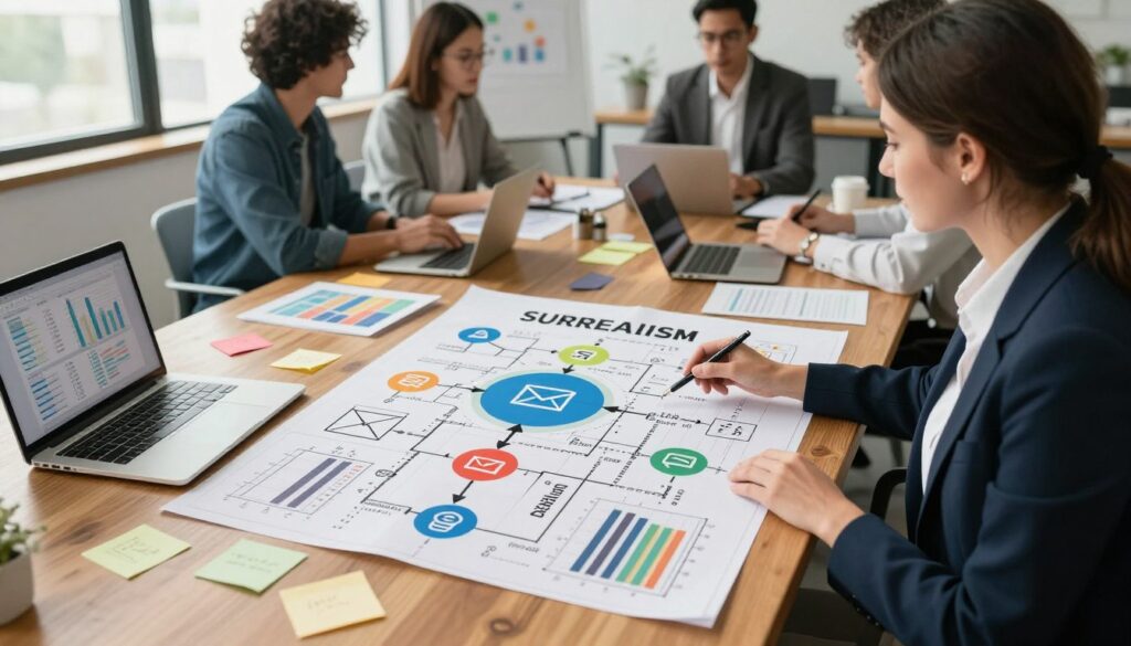 A detailed multichannel marketing blueprint spread out on a sleek wooden conference table, featuring visual elements like graphs, flowcharts, and colorful icons representing email, SMS, and web channels. In the foreground, a well-dressed professional woman is pointing at the blueprint with a pen, while a laptop displays analytics on the side. The middle ground showcases a vibrant brainstorming session with sticky notes and marketing materials scattered around. The background has a modern office with large windows casting soft, natural light, creating an inspirational and collaborative atmosphere. The composition should be shot with a wide-angle lens from a slightly elevated angle to capture the entire scene. Overall, the mood should be professional, engaging, and focused on strategic planning.