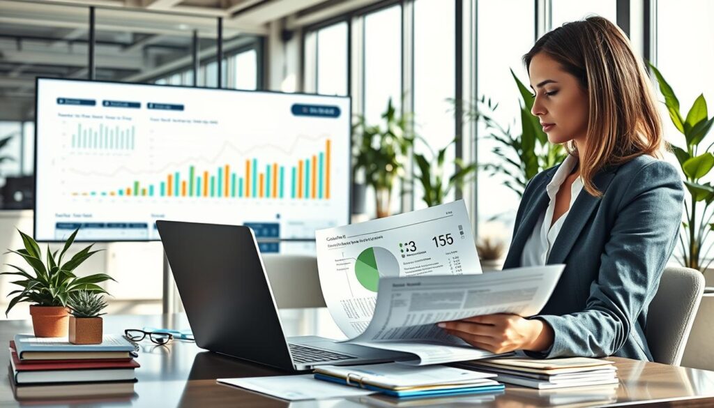 A detailed scene of a modern office workspace dedicated to a site audit process. In the foreground, a professional woman in business attire is examining extensive digital reports on a sleek laptop, surrounded by notepads and colorful charts. The middle ground features a large digital screen displaying a graph with analytics related to website performance and quality metrics. The background reveals a bright, airy office with glass walls and green plants, emphasizing a productive environment. Soft, natural lighting filters through the windows, casting gentle shadows. The overall mood is focused and analytical, evoking a sense of ambition and dedication to improving web content quality.
