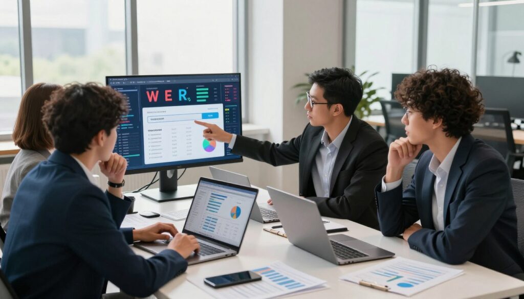 A dynamic scene illustrating the optimization of paid search ads. In the foreground, a diverse team of three professionals in smart business attire collaborates around a large table filled with laptops, graphs, and digital data. One person points at a screen displaying search ad metrics, while the others observe thoughtfully. In the middle ground, a vibrant digital display highlights keyword analytics and campaign insights. The background features a modern office setting with large windows allowing natural light to flood in, casting a warm glow on the scene. A sense of focus and determination fills the atmosphere, suggesting an engaged and productive marketing strategy session. The angle is slightly elevated to capture the energy of collaboration, emphasizing teamwork and innovative thinking in the digital marketing realm. A dynamic scene illustrating the optimization of paid search ads. In the foreground, a diverse team of three professionals in smart business attire collaborates around a large table filled with laptops, graphs, and digital data. One person points at a screen displaying search ad metrics, while the others observe thoughtfully. In the middle ground, a vibrant digital display highlights keyword analytics and campaign insights. The background features a modern office setting with large windows allowing natural light to flood in, casting a warm glow on the scene. A sense of focus and determination fills the atmosphere, suggesting an engaged and productive marketing strategy session. The angle is slightly elevated to capture the energy of collaboration, emphasizing teamwork and innovative thinking in the digital marketing realm.