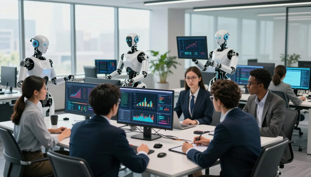 A dynamic workspace filled with professionals in business attire collaborating on content creation powered by AI agents. In the foreground, a diverse group of three individuals discuss ideas around a sleek conference table, surrounded by digital screens displaying graphs and data analytics. The middle ground features robotic AI assistants interacting with digital platforms, generating content automatically. The background showcases a modern office with large windows, letting in bright natural light, enhancing a sense of innovation and productivity. The atmosphere is vibrant and energetic, suggesting a blend of creativity and technology. The camera is positioned at a medium angle, focusing on the team while capturing the high-tech environment.