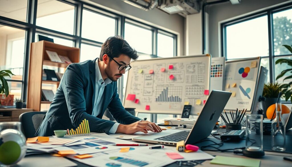 A focused and engaged young professional, dressed in smart casual attire, is working at a modern workstation cluttered with prototypes, charts, and sticky notes, symbolizing a culture of continuous experimentation. In the foreground, the subject leans over a laptop with an array of colorful graphs and spreadsheets displayed, reflecting deep concentration and creativity. In the middle, a whiteboard filled with brainstorming ideas and experiment results is visible, showcasing a dynamic work environment. The background features large windows with natural light streaming in, illuminating the space and casting a warm glow. The mood is vibrant and inspiring, suggesting innovation and collaboration, with an overall atmosphere of enthusiasm and limitless possibilities. The composition is shot from a slightly elevated angle, emphasizing the energetic workspace below.