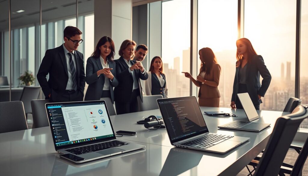 A futuristic office setting illustrating the concept of "technical foundations" for better visibility in search algorithms. Foreground: a sleek desk with open laptops displaying code and analytics dashboards, a smartphone showing notifications. Middle: a diverse group of professionals in business attire, collaborating around the desk, pointing at the screens with focused expressions. Background: large windows revealing a city skyline bathed in warm sunlight, casting soft shadows across the room, symbolizing growth and innovation. Soft, diffused lighting enhances the atmosphere of productivity and teamwork. Angle: a slight low angle making the scene feel expansive and dynamic. Overall mood: energetic yet professional, emphasizing the importance of clear technical foundations in achieving visibility.