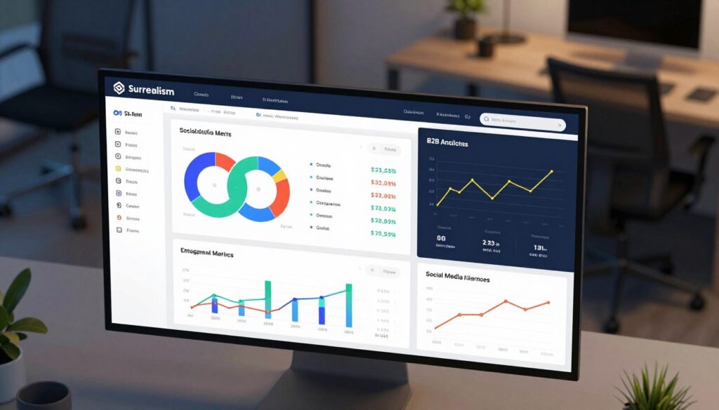 A modern B2B analytics dashboard focused on social media metrics, prominently featuring interactive charts, graphs, and data visualizations. In the foreground, a large screen displays real-time analytics, showing demographic insights, engagement rates, and ROI calculations. The middle layer includes sleek data visualization tools like pie charts and line graphs, rendered in vibrant colors to convey a dynamic analysis atmosphere. The background showcases a professional office environment with subtle ambient lighting, highlighting a modern ergonomic workspace. Capture the image from a slight bird’s eye angle to provide depth and perspective, evoking a sense of innovation and professionalism, perfect for illustrating advanced business analytics in a corporate setting.