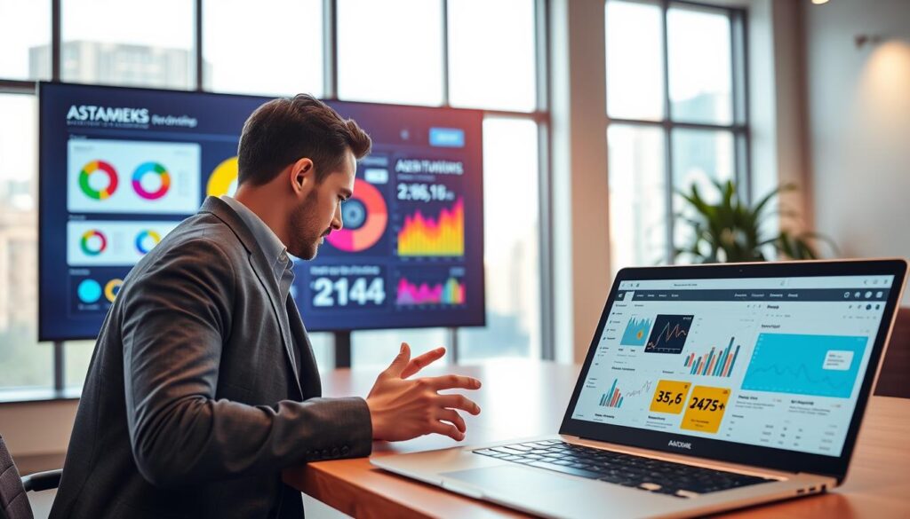A modern office workspace featuring a large digital screen displaying vibrant, customizable data reports. In the foreground, a professional-looking individual in business attire is focused on creating and adjusting pie charts and graphs on a touchscreen. The middle ground showcases an open laptop with various tabs showcasing analytics tools and colorful visualizations. The background reveals a sleek, minimalist design with soft, ambient lighting, and large windows allowing natural light to flood the room, creating an inviting atmosphere. The overall mood is one of productivity, innovation, and professionalism, emphasizing the customization of reports to meet specific business needs. The perspective is slightly angled to capture both the screen and the focused individual, highlighting the interaction with digital data in a corporate environment.
