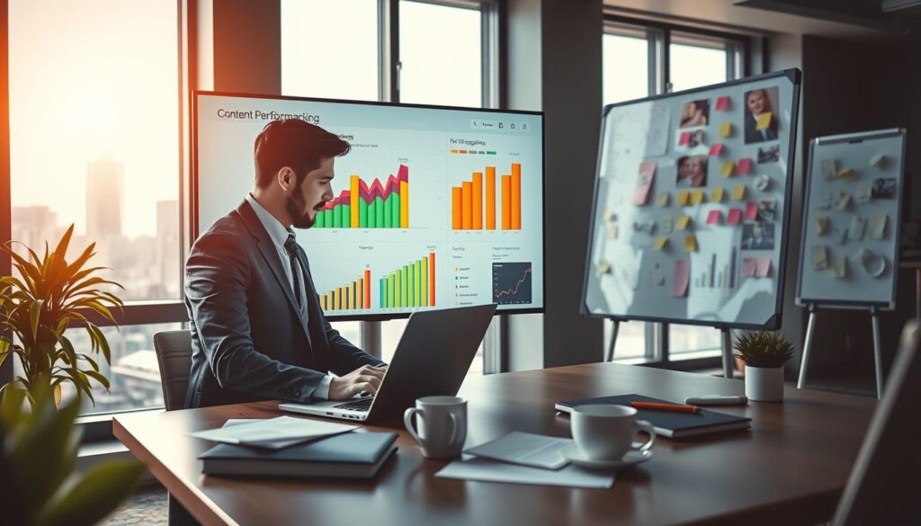 A modern office workspace focused on content performance tracking, featuring a large digital monitor displaying vibrant graphs and analytics charts depicting engagement metrics. In the foreground, a focused professional in business attire analyzes the data on a laptop, surrounded by notes and coffee. The middle ground includes a whiteboard filled with brainstorming notes and colorful sticky notes. The background offers a glimpse of cityscape through large windows, bathed in warm, natural light, creating an upbeat atmosphere. The image captures a sense of productivity and innovation, emphasizing the importance of data-driven marketing strategies in today’s digital world. The composition should evoke a feeling of clarity and purpose, ideal for a professional environment.