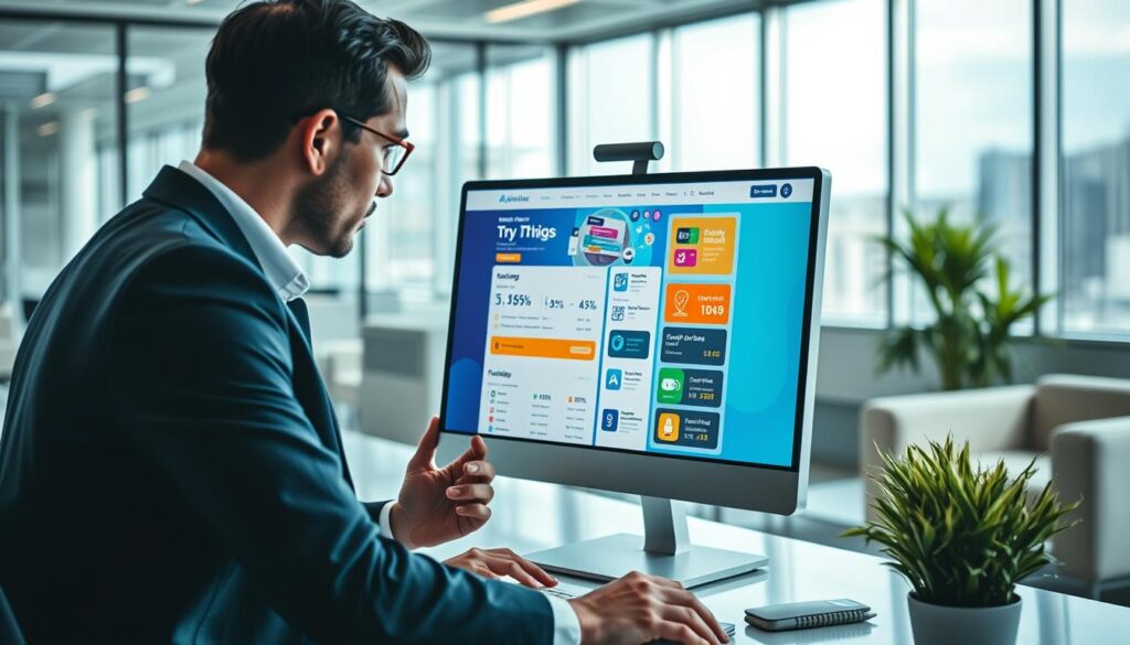 A modern, sleek workspace showcasing a digital testing landing page on a computer screen. In the foreground, a well-dressed professional in business casual attire, focused and analyzing the page's design and statistics, their expression thoughtful and engaged. The middle layer captures the computer's screen displaying an eye-catching, interactive landing page filled with vibrant colors, call-to-action buttons, and user feedback elements. In the background, a bright, airy office environment with large windows, soft natural light streaming in, and sleek furniture emphasizes a professional atmosphere. The overall mood conveys a sense of innovation and strategic thinking, highlighting the importance of testing and validating changes for optimal landing page performance.