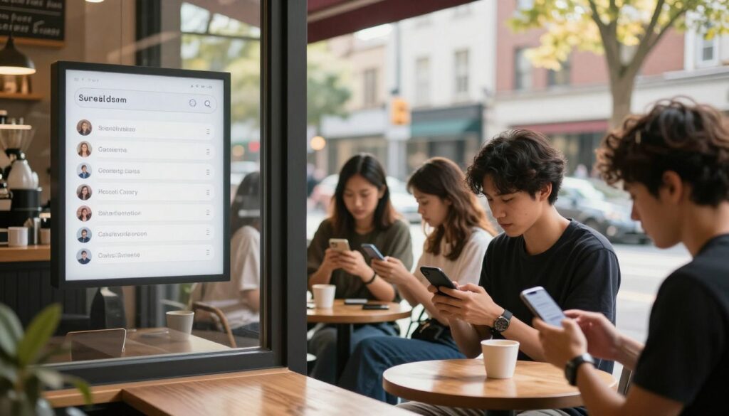 A modern urban setting focusing on a small local business, like a coffee shop, visible in the foreground. The coffee shop’s window displays a digital screen showcasing voice search results for nearby establishments. In the middle ground, a diverse group of customers engaged with their smartphones, using voice search features, generating a sense of community interaction. In the background, iconic local landmarks are subtly included, connecting the scene to the locale. Soft, warm sunlight filters through trees, creating a lively and inviting atmosphere. Utilize a shallow depth of field to keep attention on the coffee shop and customers while giving a gentle blur to the background. The mood is energetic yet approachable, emphasizing the importance of local SEO in the context of voice search.