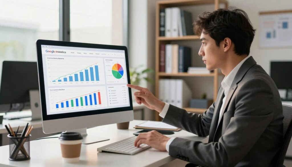 A professional office environment showcasing a contemporary workspace dedicated to social media analytics. In the foreground, a sleek computer monitor displays visually engaging Google Analytics graphs and charts, highlighting social media performance metrics such as engagement, clicks, and conversions. A well-dressed individual, focused and intent, is analyzing the data; they are wearing a smart business outfit, seated at a modern desk with a notepad and coffee cup. In the middle ground, an organized bookshelf filled with marketing and analytics books adds context. The background features a large window with natural light streaming in, casting a warm glow over the scene, enhancing the atmosphere of productivity and insight. The overall mood should feel professional and sophisticated, emphasizing the importance of tracking social media ROI effectively.