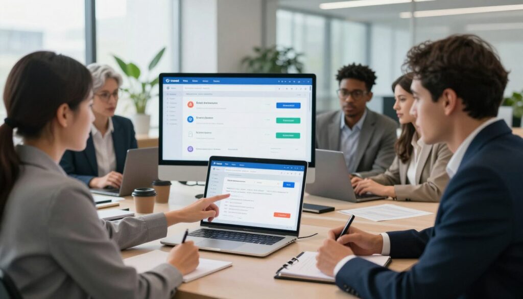 A professional office setting featuring a diverse group of business professionals engaged in a discussion about email automation platforms. In the foreground, a woman in business attire points at a laptop screen displaying various email platforms, while a man, also in professional attire, takes notes on a tablet. In the middle ground, a large monitor shows comparison charts of email automation features. The background features a modern office with large windows, natural light streaming in, and plants for a touch of greenery. The mood is focused and collaborative, suggesting important decision-making. The image is captured using a wide-angle lens to emphasize the interactions and the technology on display. The lighting is bright and inviting, creating a productive atmosphere.