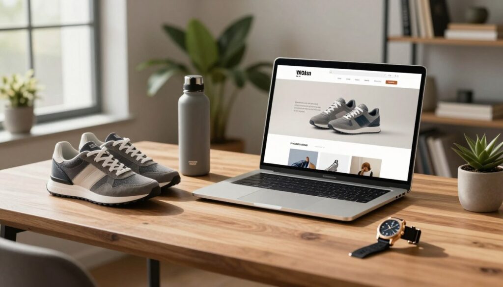 A sleek and modern workspace featuring high-quality product images displayed prominently on an elegant wooden desk. The foreground showcases a simplistic, beautifully styled product setup, including a pair of premium sneakers, a well-designed water bottle, and a luxury watch, all arranged with thoughtful spacing. Soft, natural light streams in from a large window to the left, casting gentle shadows and enhancing the textures of each item. In the middle ground, a laptop displays an easy-to-navigate e-commerce website featuring the same products, hinting at an online shopping experience. The background subtly features lush indoor plants and a stylish bookshelf, creating an inviting atmosphere. The overall mood is professional yet warm, conveying trust and quality. The image is captured from a slightly elevated angle to provide a comprehensive view of the setup.