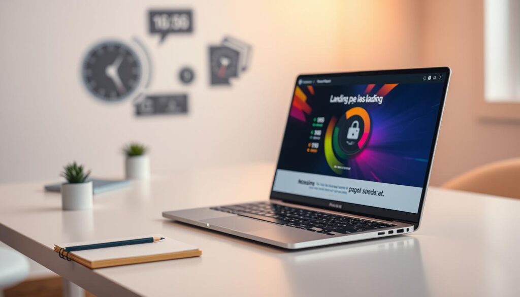 A sleek, modern laptop sits on a clean, minimalist desk, showcasing a dynamic, colorful landing page that appears to be loading rapidly. The foreground features the laptop's screen displaying a progress wheel spinning quickly, symbolizing fast loading times, while colorful statistics about page speed appear subtly around it. In the middle ground, a tidy workspace, complete with a notepad and a small potted plant, emphasizes a productive environment. The background remains soft and out of focus, with faint images of speedometer graphics and abstract shapes hinting at technological advancement. Warm, inviting lighting creates an upbeat atmosphere, suggesting efficiency and professionalism. The angle is slightly elevated, allowing a clear view of the laptop while maintaining a fresh, engaging perspective.