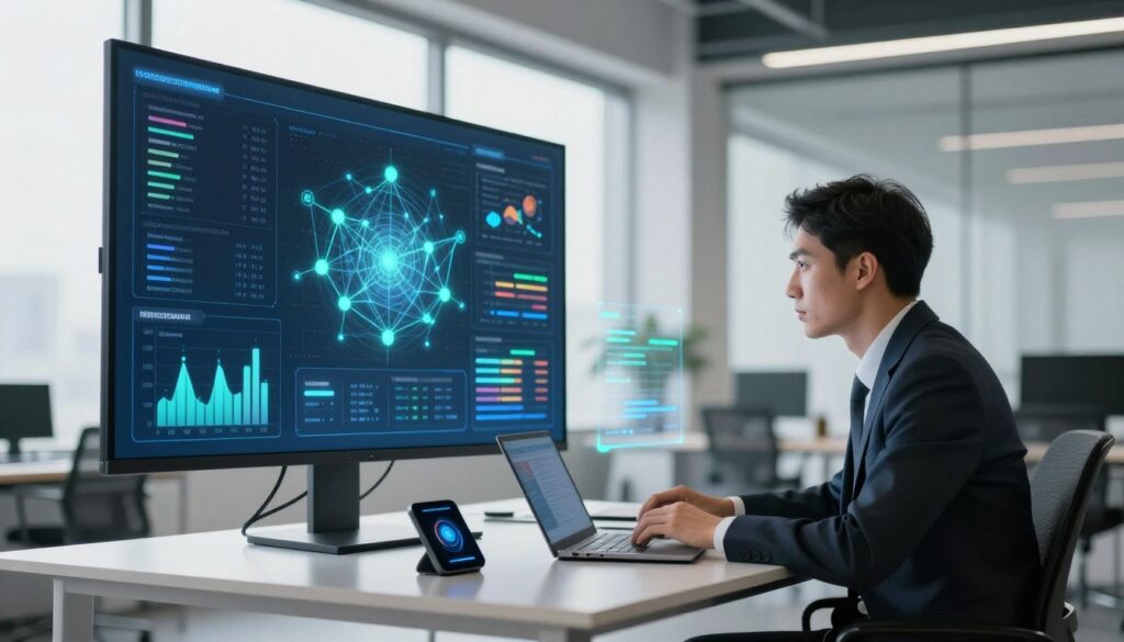 A sleek, modern workspace featuring a large screen displaying an intricate visual representation of structured data, such as graphs, charts, and interconnected nodes. In the foreground, a professional in business attire intently analyzes the data, sitting at a minimalist desk with advanced technology like a laptop and smart devices. The middle ground showcases holographic interfaces emerging from the screen, illuminating the space with soft blue and green lights, symbolizing the flow of information. In the background, a bright, contemporary office with large windows lets in natural light, creating an inviting atmosphere. The scene conveys a sense of innovation, focus, and clarity, emphasizing the importance of structured data for enhancing online visibility. The angle captures both the data interface and the professional's engaged expression, adding depth and connection to the concept. A sleek, modern workspace featuring a large screen displaying an intricate visual representation of structured data, such as graphs, charts, and interconnected nodes. In the foreground, a professional in business attire intently analyzes the data, sitting at a minimalist desk with advanced technology like a laptop and smart devices. The middle ground showcases holographic interfaces emerging from the screen, illuminating the space with soft blue and green lights, symbolizing the flow of information. In the background, a bright, contemporary office with large windows lets in natural light, creating an inviting atmosphere. The scene conveys a sense of innovation, focus, and clarity, emphasizing the importance of structured data for enhancing online visibility. The angle captures both the data interface and the professional's engaged expression, adding depth and connection to the concept.