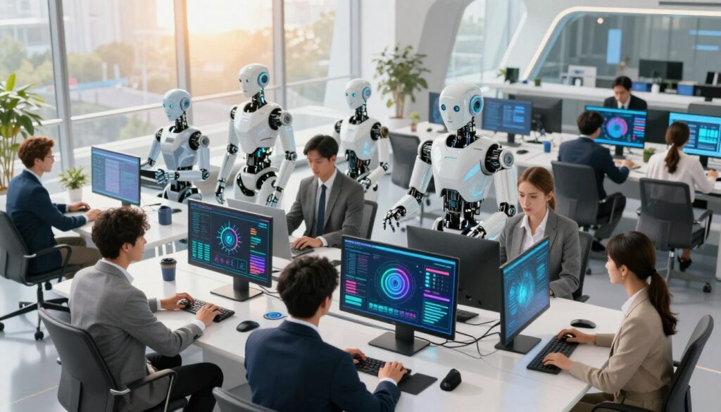 A vibrant and dynamic workspace scene illustrating the orchestration of teams of AI agents. In the foreground, a diverse group of professionals in business attire collaborates around a modern, sleek table equipped with advanced technology and digital screens displaying colorful data visualizations. In the middle ground, several humanoid AI agents, represented as sophisticated robotic figures, are actively engaged in tasks like analyzing data and generating content. The background features a futuristic office environment with large windows letting in warm, natural light, creating an inviting and inspirational atmosphere. Use a slightly elevated angle to capture the collaborative energy, ensuring the mood is one of productivity and innovation, with a bright color palette that conveys optimism and creativity.
