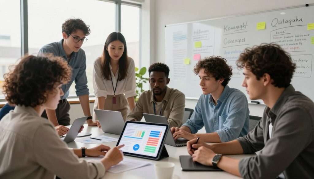 A vibrant and engaging office setting showcasing a diverse group of professionals engaged in keyword research. In the foreground, a multicultural team is gathered around a sleek conference table, examining a digital tablet displaying colorful charts and graphs related to conversational keywords. The middle ground features a large whiteboard filled with scribbled notes and highlighted phrases, symbolizing the brainstorming process. In the background, floor-to-ceiling windows allow soft, natural light to filter in, casting a warm glow over the scene. The atmosphere is collaborative and focused, with hints of creativity and innovation. The shot is taken from a slightly elevated angle, capturing the dynamic interaction among the team while maintaining a clear focus on the research elements without any clutter or distractions.