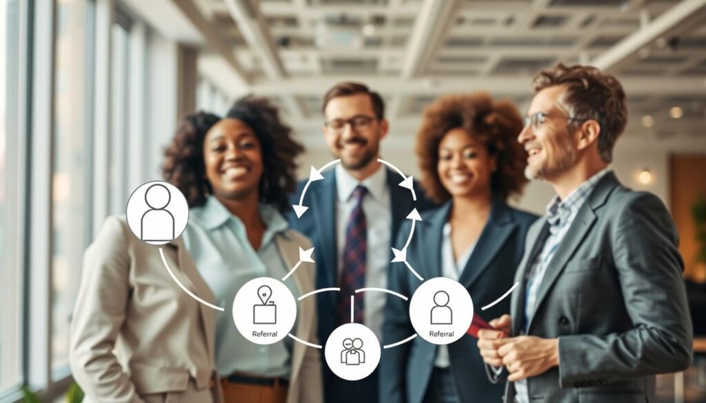 A vibrant and engaging visual representation of a "referral loop" concept, illustrating interconnected circles symbolizing users sharing a product or service. In the foreground, depict three diverse professional individuals in business attire, enthusiastically discussing the referral process with visual icons of arrows and connections between them. In the middle, include a dynamic flowchart showcasing the cycle of referrals, with elements like social media icons, emails, and thumbs up symbols to indicate sharing and recommendations. The background features a soft-focus office environment with bright, natural lighting to create an inspiring and productive atmosphere. Utilize a wide-angle lens to capture depth, ensuring that the composition feels energetic and inviting, exemplifying the essence of organic growth through referrals.