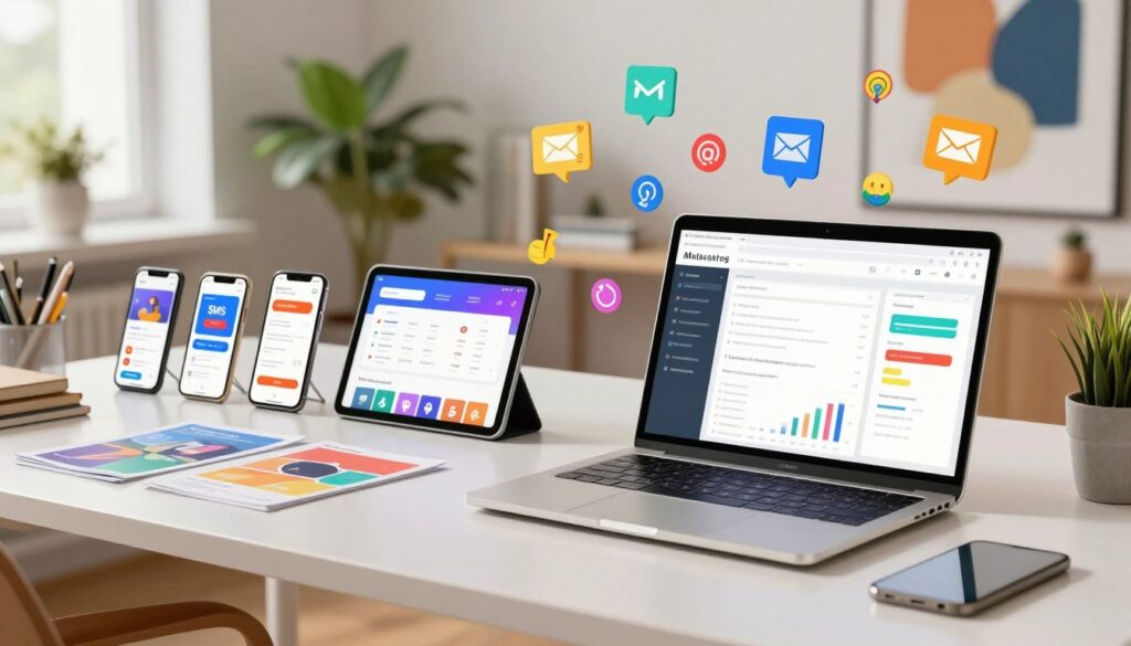 A vibrant, visually engaging workspace filled with multichannel marketing tools. In the foreground, a sleek laptop displays an intricate dashboard representing email, SMS, and web analytics. Brightly colored icons for email campaigns, SMS blasts, and web engagement float around it, reflecting a dynamic digital environment. In the middle, organized rows of digital devices like smartphones and tablets showcase notifications from various marketing platforms, while a modern desk features stylish stationery and marketing brochures. The background includes a softly lit office setting, with green plants and abstract art to create a productive atmosphere. Warm, natural lighting highlights the sophistication of the tools, conveying a sense of innovation and success in multichannel marketing strategies.