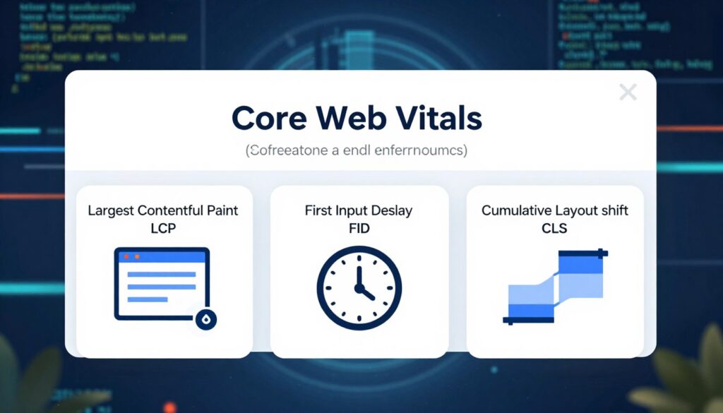 A visually appealing and informative representation of "Core Web Vitals," showcasing three main metrics: Largest Contentful Paint (LCP), First Input Delay (FID), and Cumulative Layout Shift (CLS). In the foreground, create stylized icons or graphs for each metric, such as a fast-loading webpage symbol for LCP, a clock for FID, and a shifting layout diagram for CLS. The middle ground should feature a professional-looking control dashboard or analytics interface, highlighting the importance of these metrics in website performance. In the background, depict a blurred landscape of digital elements, like code snippets and abstract data patterns, to signify the vast online environment. Use bright, clean lighting to evoke a sense of efficiency and productivity, with a slight depth of field effect to bring focus to the foreground elements while maintaining clarity in the middle ground.