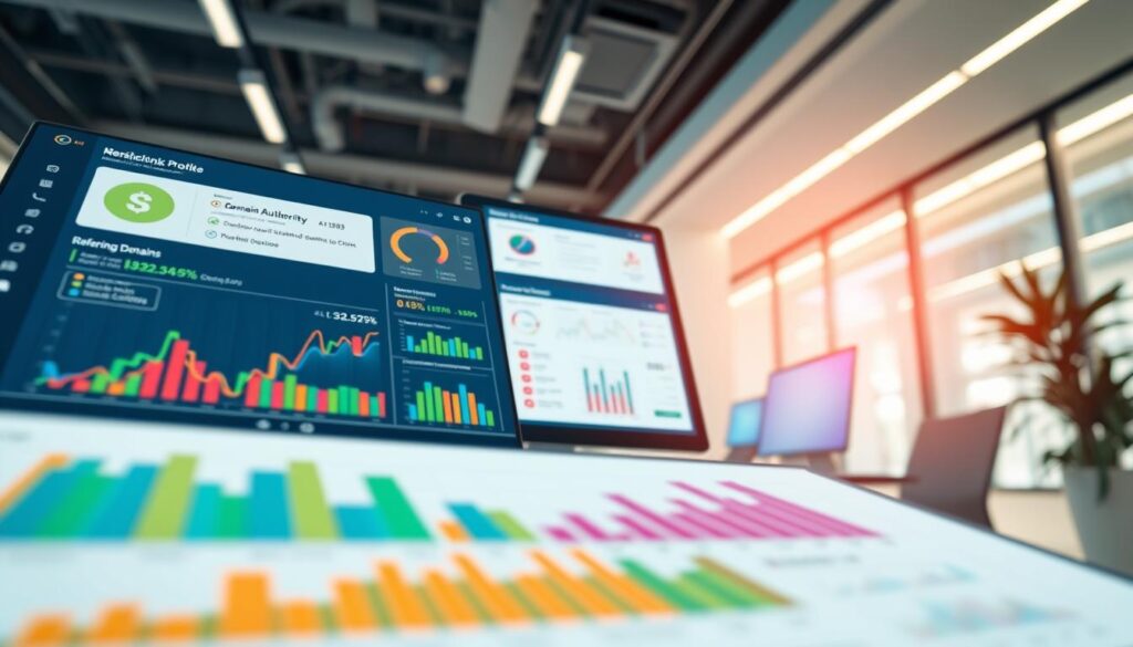 A visually engaging and modern illustration of a backlink profile analysis. In the foreground, a detailed dashboard display featuring colorful graph charts and metrics representing backlinks, domain authority, and referring domains. The middle layer showcases digital screens with various backlink checker tools, subtly hinting at competitive analysis without showing specific brand logos. The background depicts a sleek, high-tech office environment with soft ambient lighting, emphasizing a professional atmosphere. The angle should be slightly bird's-eye, capturing both the analytical tools and the office setting. The mood is efficient and focused, conveying the importance of monitoring backlink metrics in digital marketing strategy.