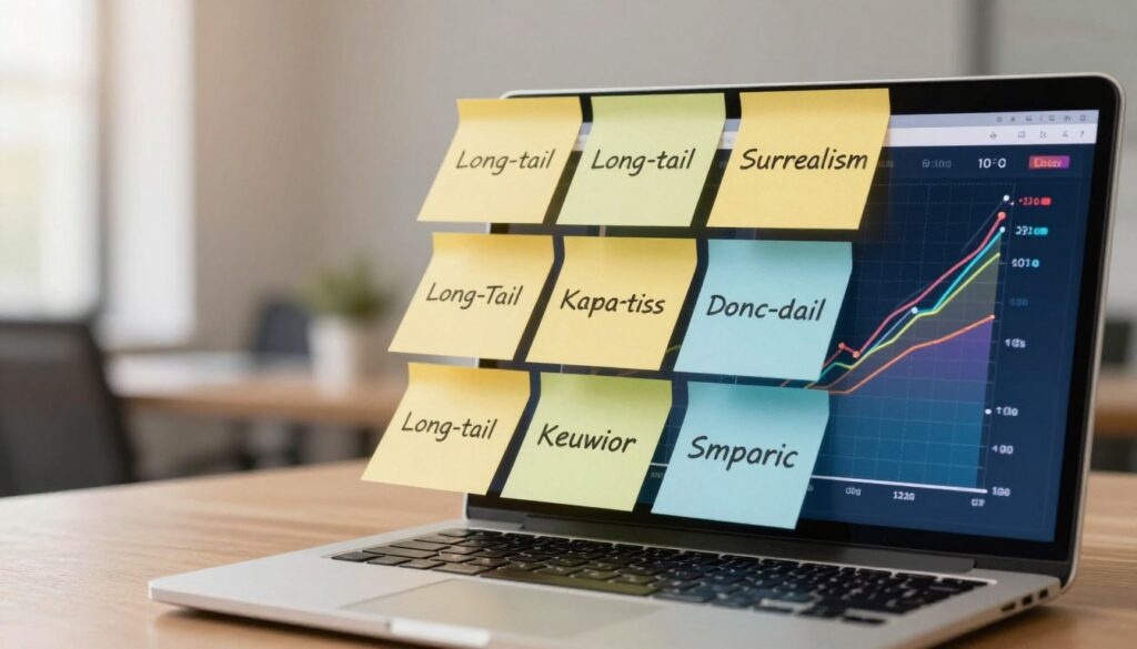 A visually engaging composition illustrating the concept of long-tail keywords in digital marketing. In the foreground, a laptop displays a vibrant, dynamic graph showing keyword trends, with colorful lines denoting various long-tail keywords. The middle layer features a close-up of post-it notes or digital cards labeled with specific long-tail keywords, arranged in an organized manner to convey strategy. The background is a softly blurred office setting with a warm light ambiance, enhancing a productive atmosphere. The scene is captured with a slight depth of field to draw focus on the laptop and notes, suggesting a professional environment where keyword research is actively taking place. The overall mood is energetic and inspiring, highlighting the importance of long-tail keywords for driving traffic. A visually engaging composition illustrating the concept of long-tail keywords in digital marketing. In the foreground, a laptop displays a vibrant, dynamic graph showing keyword trends, with colorful lines denoting various long-tail keywords. The middle layer features a close-up of post-it notes or digital cards labeled with specific long-tail keywords, arranged in an organized manner to convey strategy. The background is a softly blurred office setting with a warm light ambiance, enhancing a productive atmosphere. The scene is captured with a slight depth of field to draw focus on the laptop and notes, suggesting a professional environment where keyword research is actively taking place. The overall mood is energetic and inspiring, highlighting the importance of long-tail keywords for driving traffic.