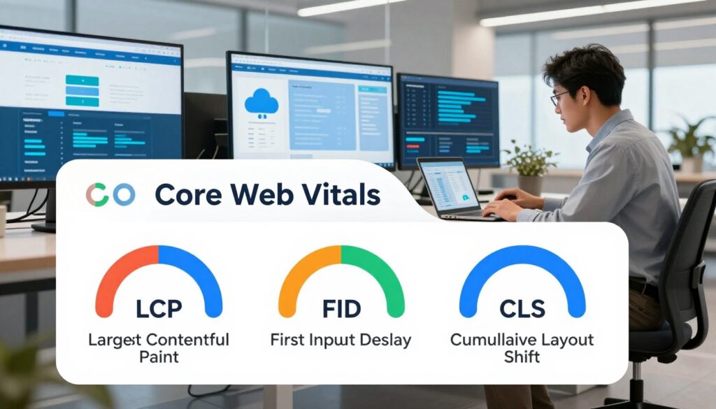A visually striking graphic illustrating "Core Web Vitals" set in a modern digital office space. In the foreground, display three key metrics - Largest Contentful Paint (LCP), First Input Delay (FID), and Cumulative Layout Shift (CLS) - represented as sleek, colorful charts or gauges. The middle ground features a professional, focused businessperson in smart casual attire analyzing the data on a laptop, emphasizing the importance of web efficiency. The background should be a high-tech workspace with multiple screens displaying vibrant websites, cloud storage symbols, and data streams, bathed in bright yet soft lighting for a productive atmosphere. Capture a sense of urgency and motivation as the scene embodies the drive to improve website performance and user experience.