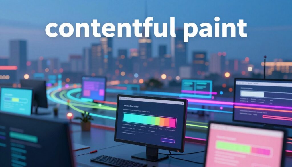 A visually striking representation of "contentful paint" as an abstract concept. In the foreground, a series of computer screens displaying colorful loading bars and graphical user interfaces, symbolizing web performance metrics. The middle ground features a digital landscape with data streams and vibrant visual elements flowing smoothly, reflecting the idea of seamless loading experiences. In the background, a blurred city skyline under a clear blue sky, signifying technological advancement and the digital world. The scene is illuminated with soft, ambient lighting that conveys a sense of innovation and progress. The atmosphere is inspiring, suggesting the importance of performance metrics in today's web landscape.