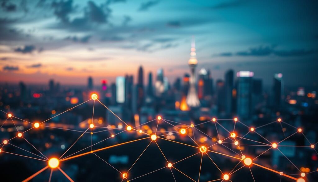 A visually striking scene depicting the concept of "referring domains" in a digital landscape. In the foreground, a stylized, glowing network graph made of interconnected nodes and lines, symbolizing various websites linking to one another. The middle ground features abstract representations of web pages, some panning downwards, and others fading into the background, all interconnected. The background shows a soft-focus city skyline at dusk, illuminated with vibrant neon lights, suggesting a bustling online ecosystem. Utilize dynamic lighting with a warm glow to create an inviting atmosphere, and a wide-angle lens effect to emphasize the depth of the network. The overall mood is innovative and inspiring, reflecting growth and connectivity in the digital age.