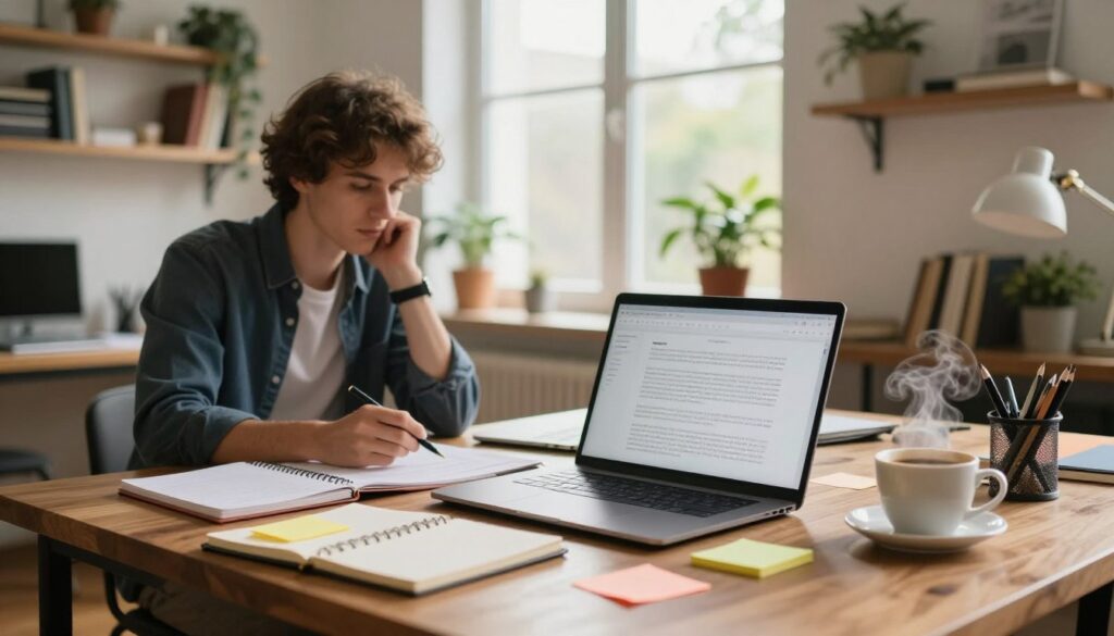 A visually striking workspace scene emphasizing the creation of high-quality original content. In the foreground, a sleek wooden desk cluttered with an open laptop displaying engaging text, a notepad scattered with colorful sticky notes, and a steaming cup of coffee. In the middle ground, a window with soft natural light illuminating the area, showcasing a view of greenery outside. To the left, a professional dressed individual, wearing smart casual clothing, focused on their work, with a thoughtful expression. In the background, shelves filled with books and plants, creating a calming atmosphere. The overall mood is productive and inspiring, with warm tones enhancing the inviting light of the workspace. Use a warm color palette to evoke creativity and focus.